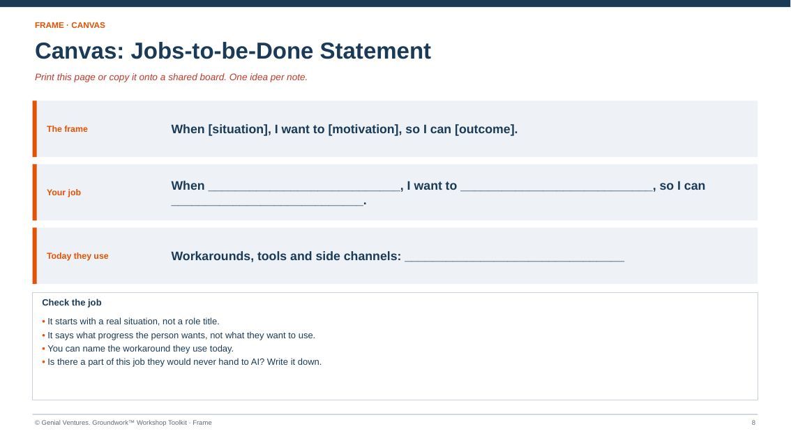 Printable canvas for Jobs-to-be-Done Statement