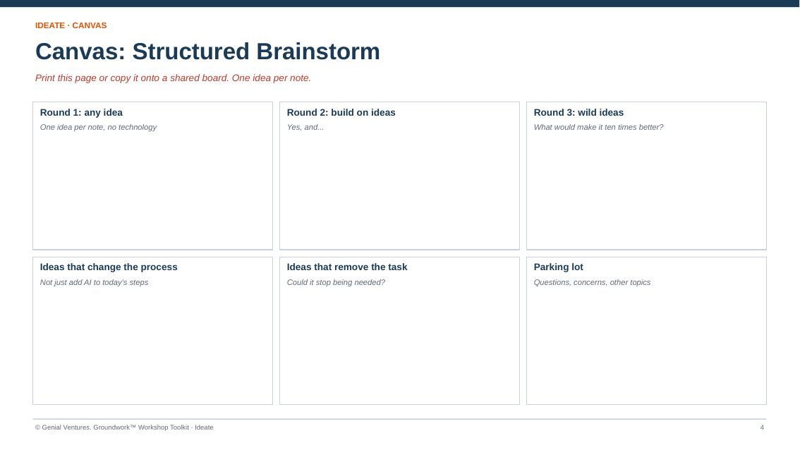 Printable canvas for Structured Brainstorm